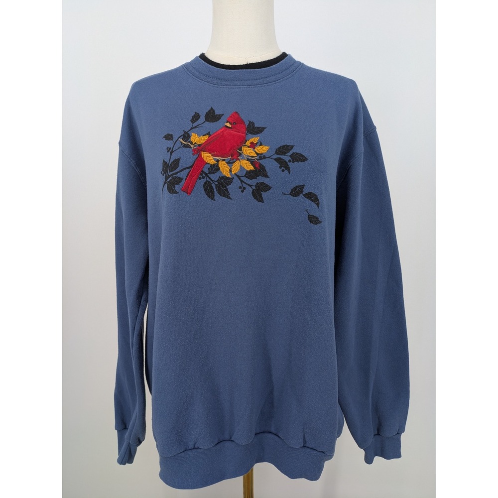 VTG Top Stitch Fall Sweatshirt Women Large Cardinal Bird Embroidered Grannycore